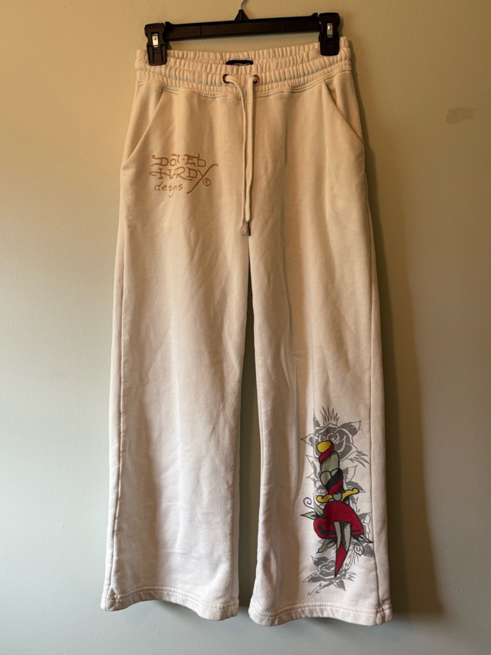 Ed Hardy Cream Sweatpants with Red and Yellow Graphic, Size XS Women’s